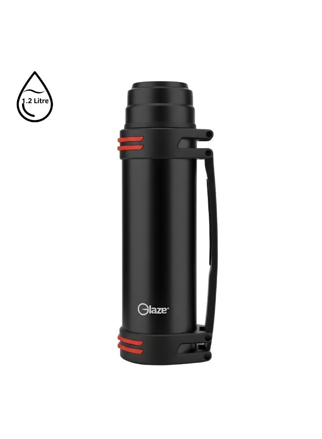 جليز قارورة ماء من الستانلس ستيل بسعة 1.2 لتر، ترمس حراري بعزل فراغي مع مقبض، مانع للتسرب، يحافظ على المشروبات ساخنة وباردة حتى 24 ساعة، خالية من مادة BPA، مناسبة للسفر والرياضة والنشاطات الخارجية – أسود - Image 1